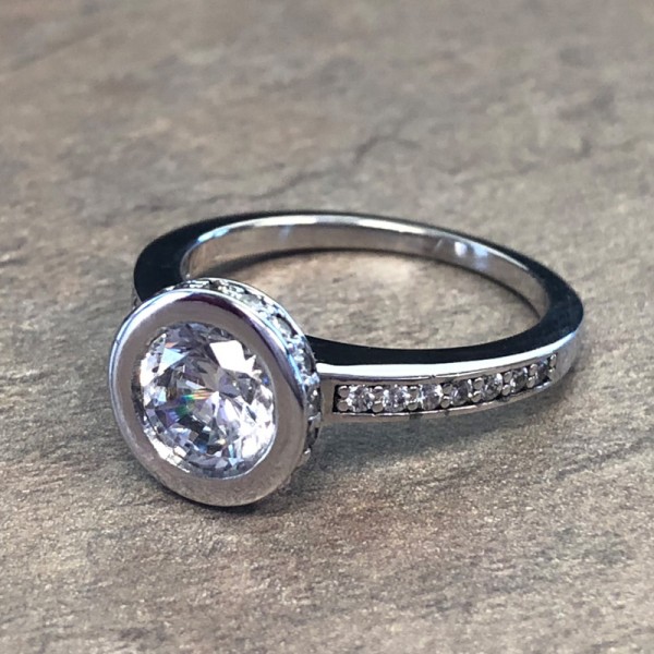 14K White Gold Bezel Set Diamond Accent Engagement Ring